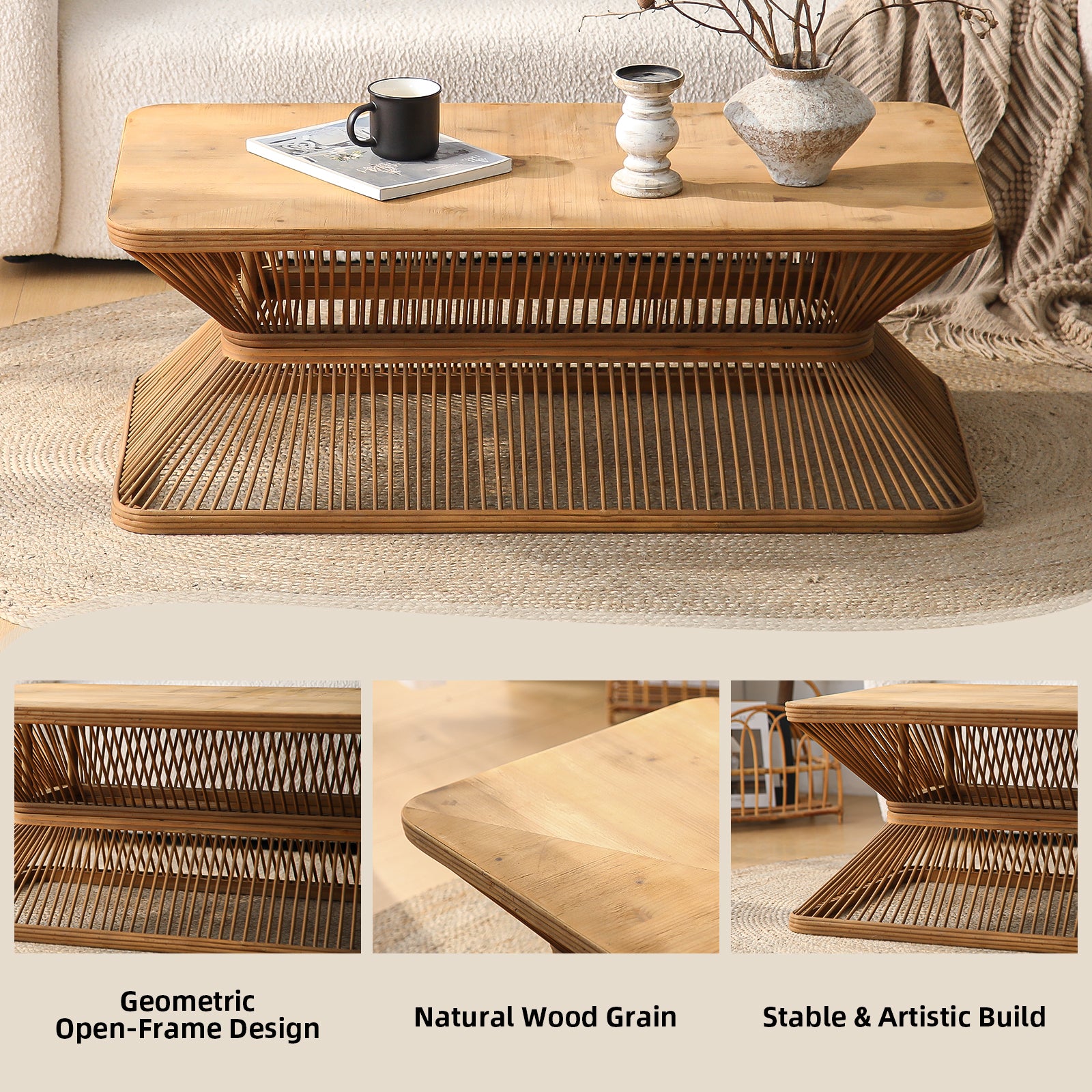 Mid-Century Modern Coffee Table, 43.3' Rectangular Wood Accent Table with Woven Bamboo Base – Rustic Boho Low Profile Cocktail Table for Living Room