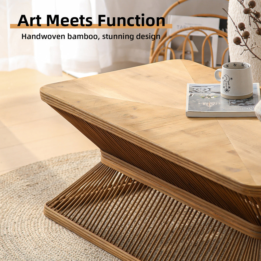 Mid-Century Modern Coffee Table, 43.3' Rectangular Wood Accent Table with Woven Bamboo Base – Rustic Boho Low Profile Cocktail Table for Living Room