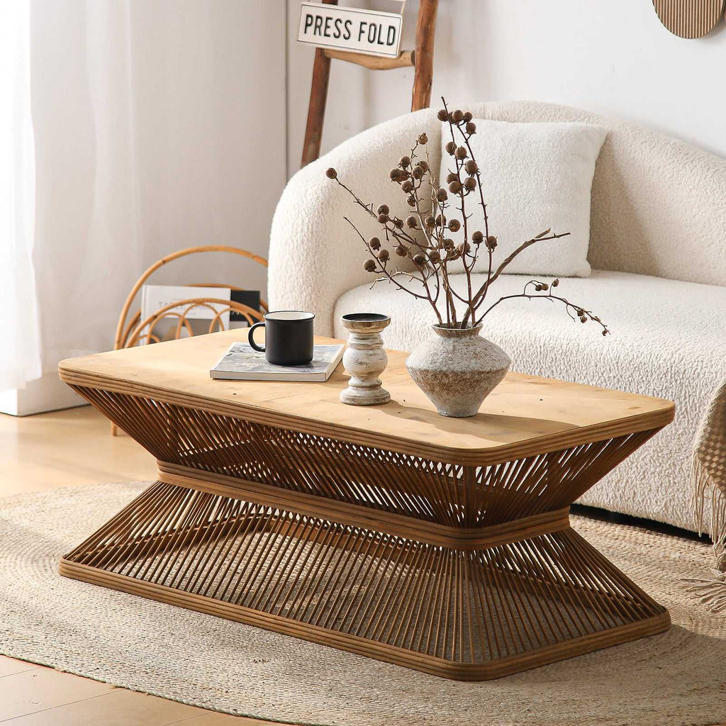 Mid-Century Modern Coffee Table, 43.3' Rectangular Wood Accent Table with Woven Bamboo Base – Rustic Boho Low Profile Cocktail Table for Living Room