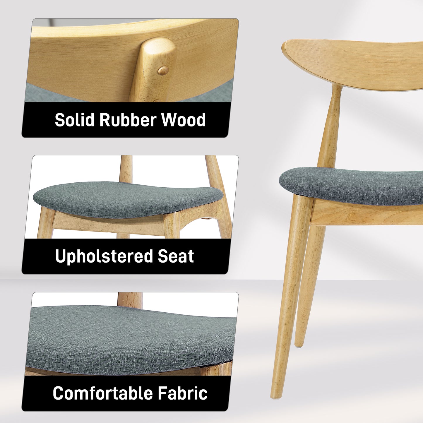 Set of 2 Retro Rubberwood Chairs with Ergonomic Back & Plush Cushions, Natural+Gray (same sku: 59297.00LGY)