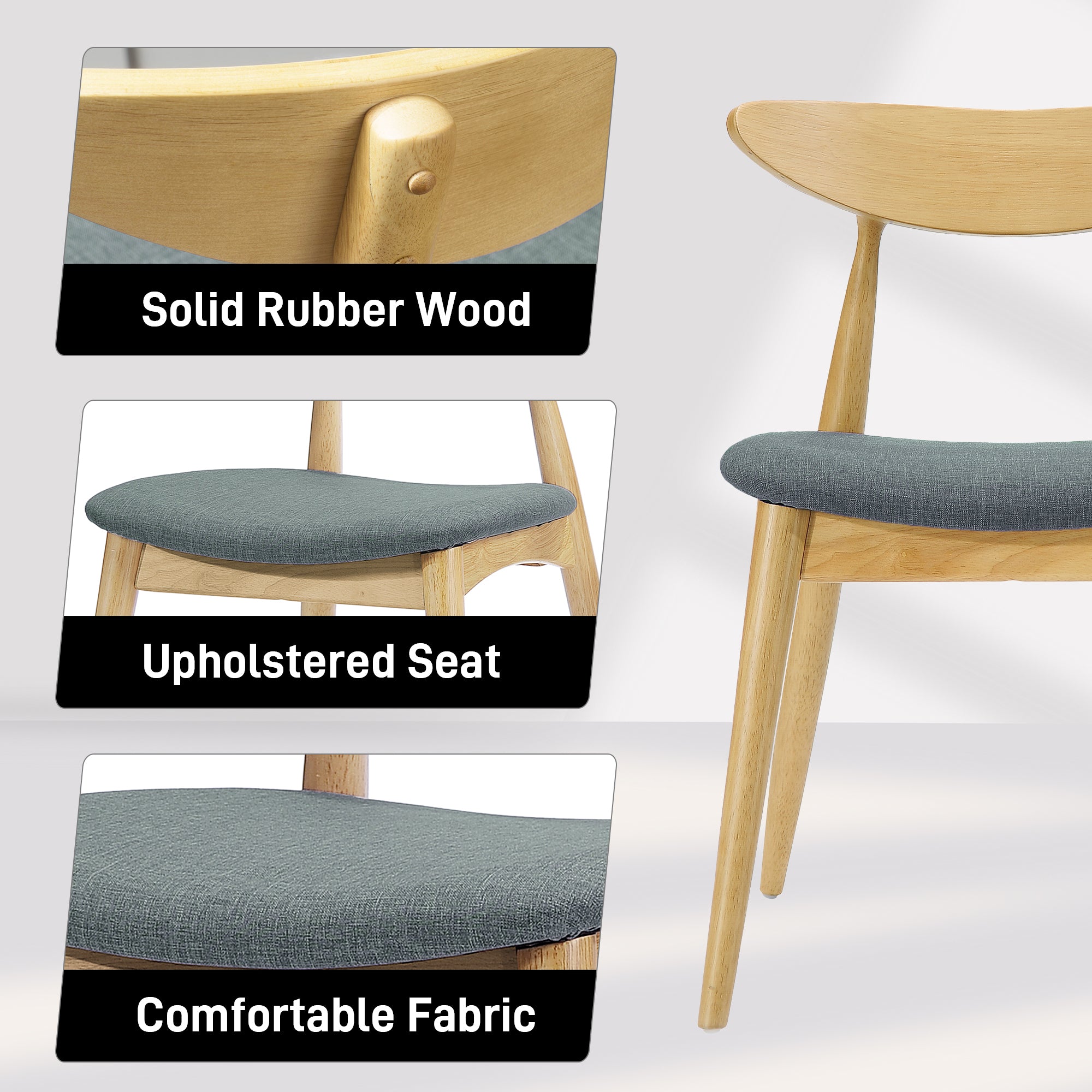 Set of 2 Retro Rubberwood Chairs with Ergonomic Back & Plush Cushions, Natural+Gray (same sku: 59297.00LGY)