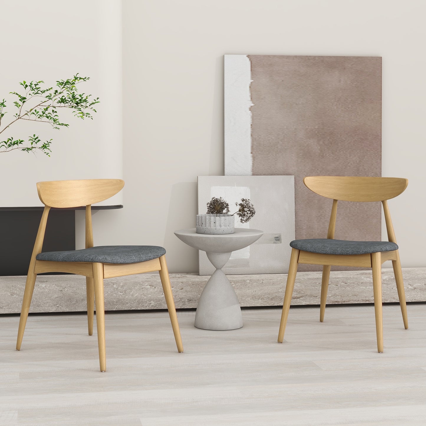 Set of 2 Retro Rubberwood Chairs with Ergonomic Back & Plush Cushions, Natural+Gray (same sku: 59297.00LGY)