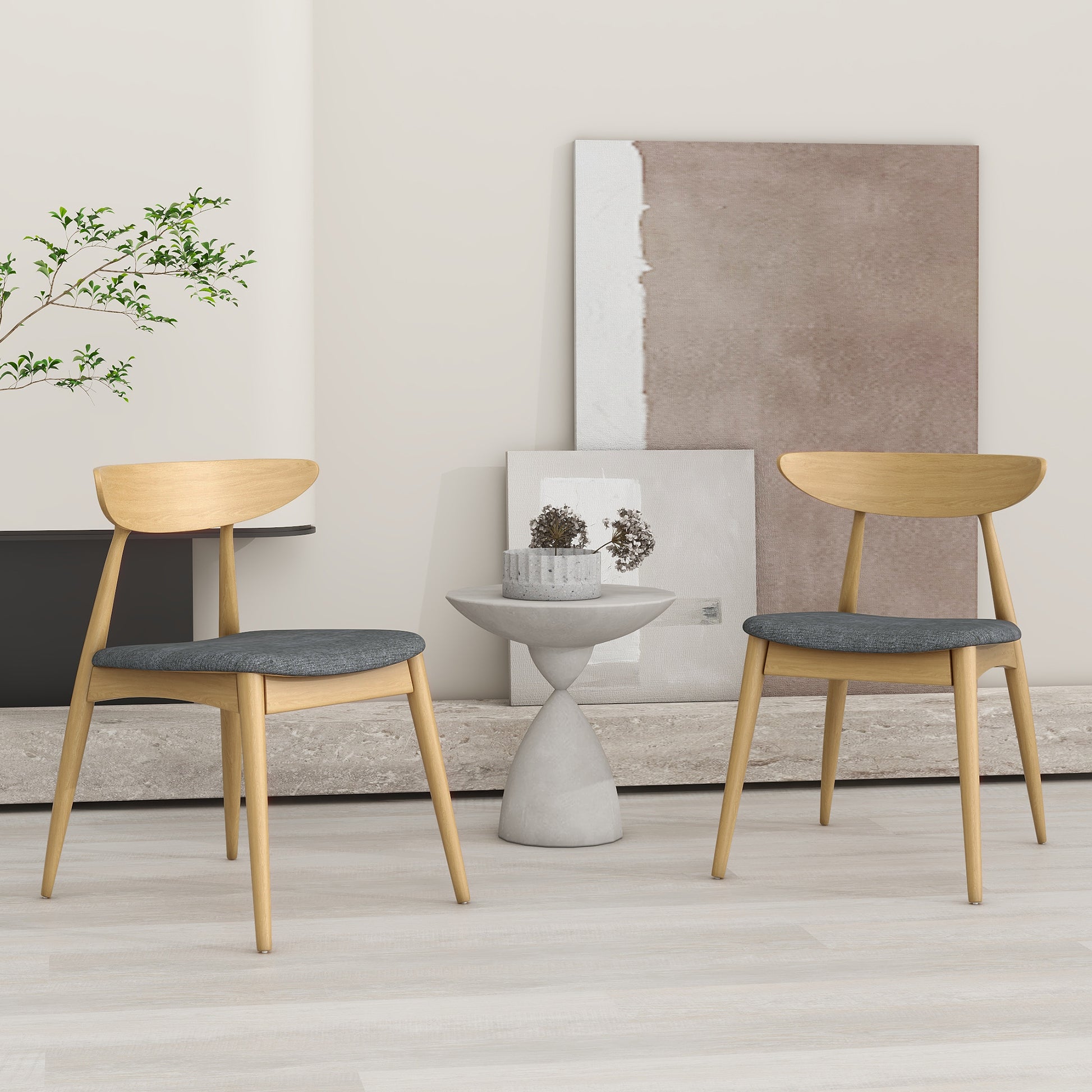 Set of 2 Retro Rubberwood Chairs with Ergonomic Back & Plush Cushions, Natural+Gray (same sku: 59297.00LGY)