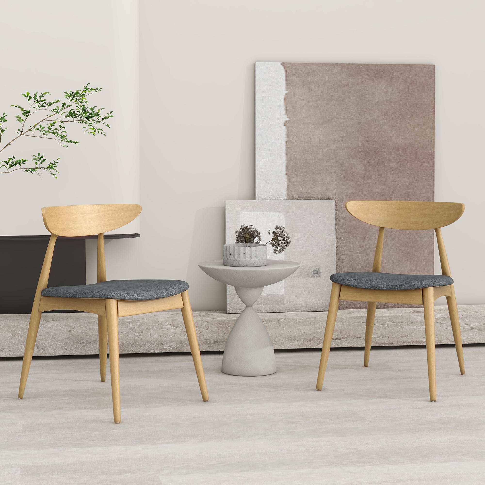 Set of 2 Retro Rubberwood Chairs with Ergonomic Back & Plush Cushions, Natural+Gray (same sku: 59297.00LGY)