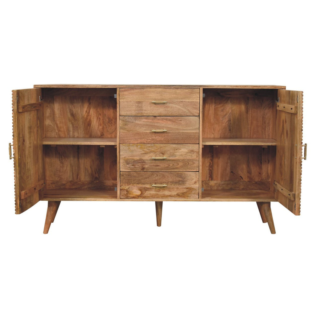 Mid Century Modern Handmade Solid Wood Soba T-Bar Nordic Oak Chest Drawer Dresser, 4 Drawers + 2 Door Storage Shelves Dresser