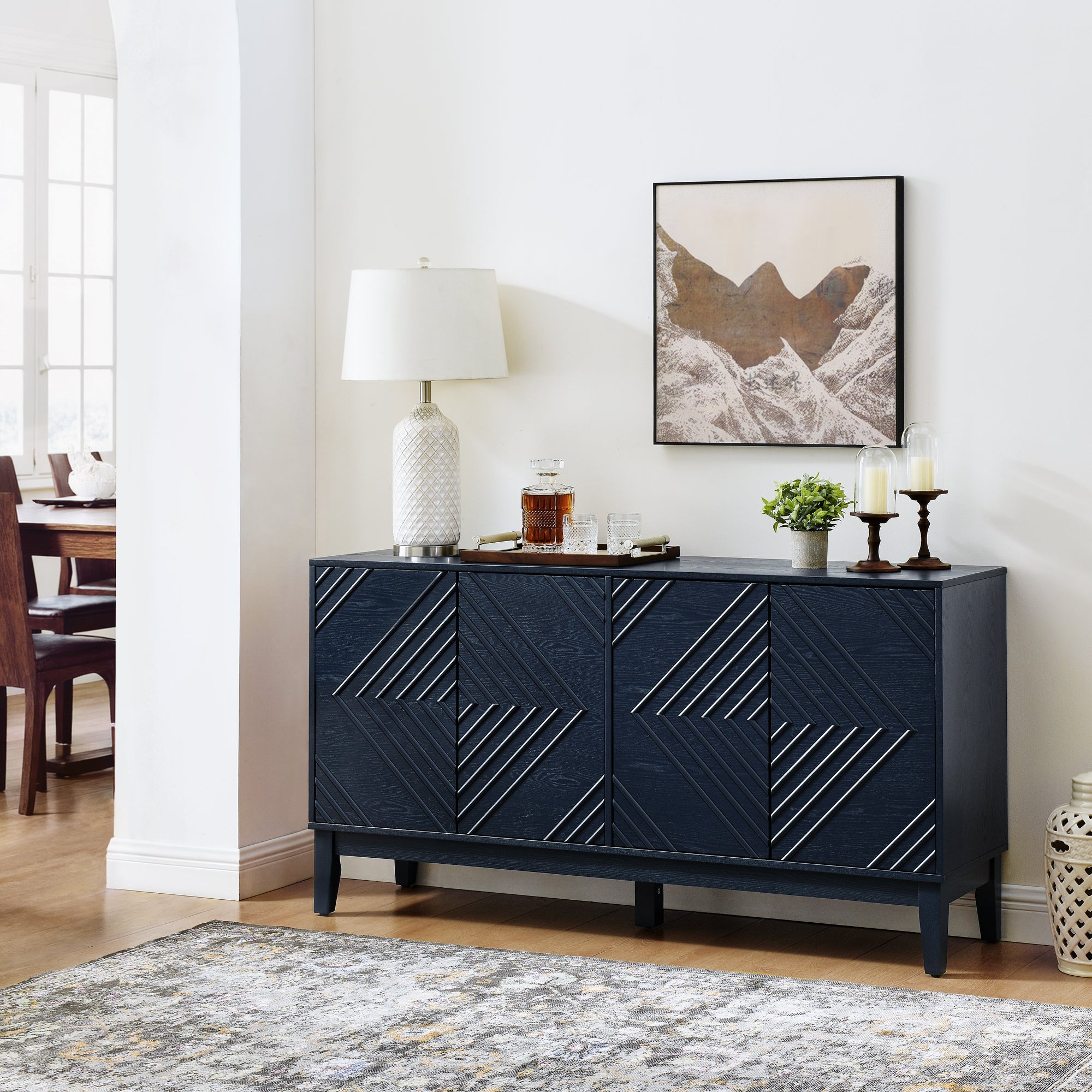 60.5'' Buffet Cabinet with Storage, Farmhouse Fluted Sideboard with Geometric Pattern & Adjustable Shelves, Mid Century Modern TV Stand for Living Room Kitchen Dining Room Entryway, Blue
