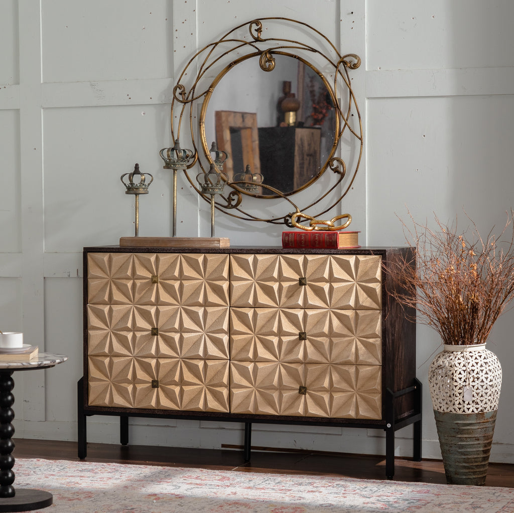 Solid Wood Sideboard with Geometric Pattern, 6 Drawers Dresser,Mid Century Modern Sideboard Cabinet for Kitchen, Dining Room, Living Room Sideboard