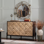 Solid Wood Sideboard with Geometric Pattern, 6 Drawers Dresser,Mid Century Modern Sideboard Cabinet for Kitchen, Dining Room, Living Room Sideboard