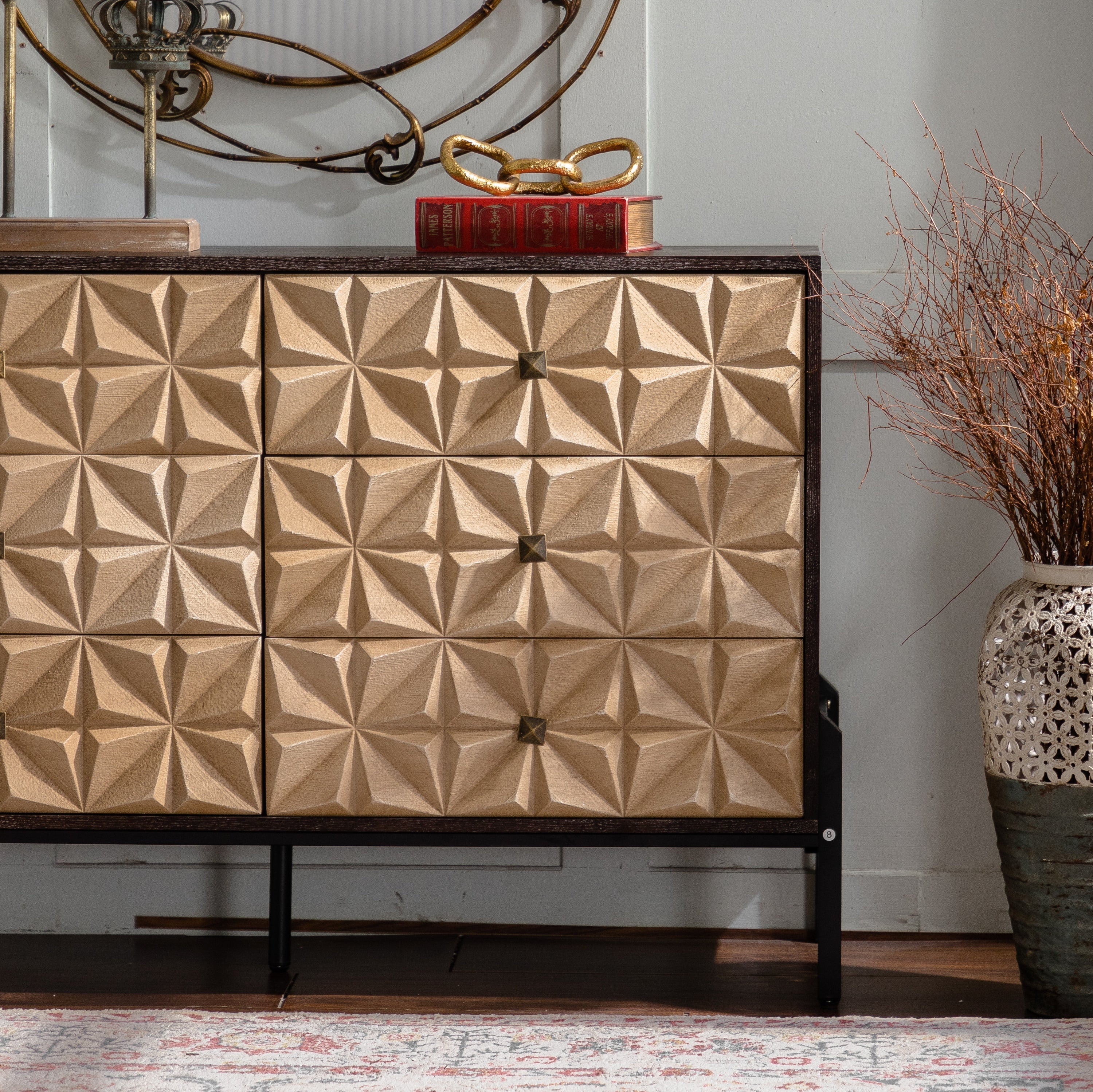 Solid Wood Sideboard with Geometric Pattern, 6 Drawers Dresser,Mid Century Modern Sideboard Cabinet for Kitchen, Dining Room, Living Room Sideboard