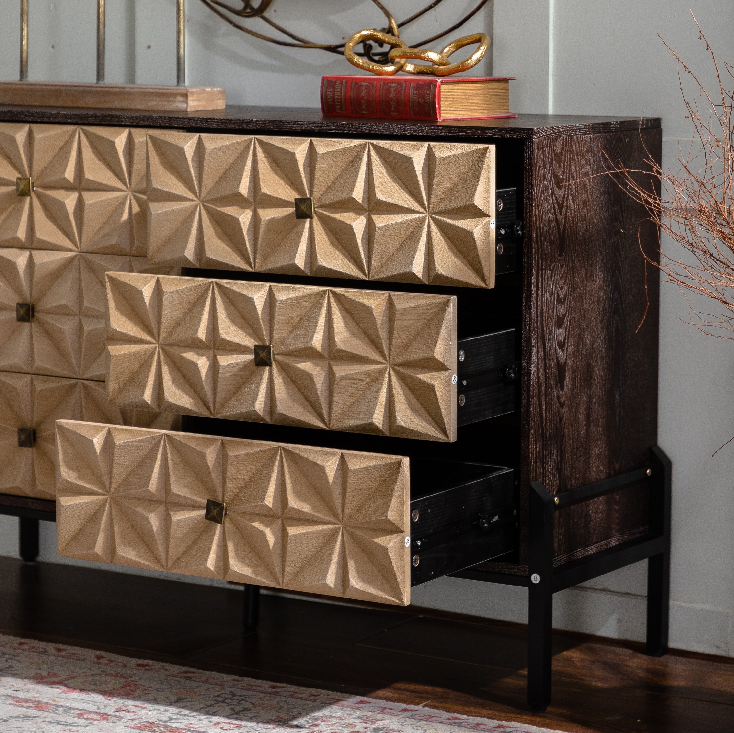 Solid Wood Sideboard with Geometric Pattern, 6 Drawers Dresser,Mid Century Modern Sideboard Cabinet for Kitchen, Dining Room, Living Room Sideboard