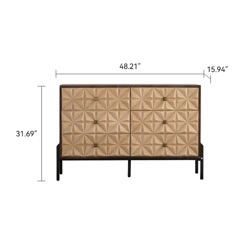 Solid Wood Sideboard with Geometric Pattern, 6 Drawers Dresser,Mid Century Modern Sideboard Cabinet for Kitchen, Dining Room, Living Room Sideboard
