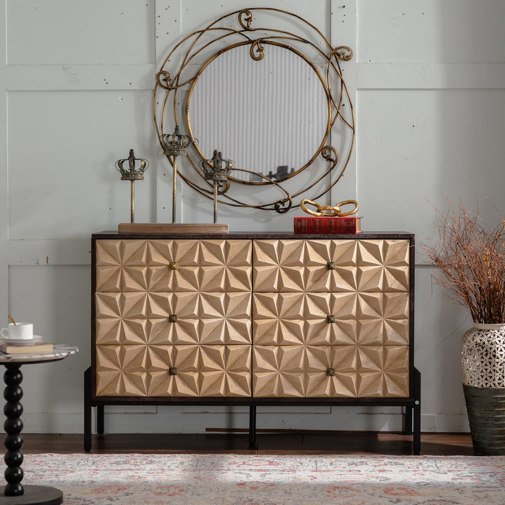 Solid Wood Sideboard with Geometric Pattern, 6 Drawers Dresser,Mid Century Modern Sideboard Cabinet for Kitchen, Dining Room, Living Room Sideboard