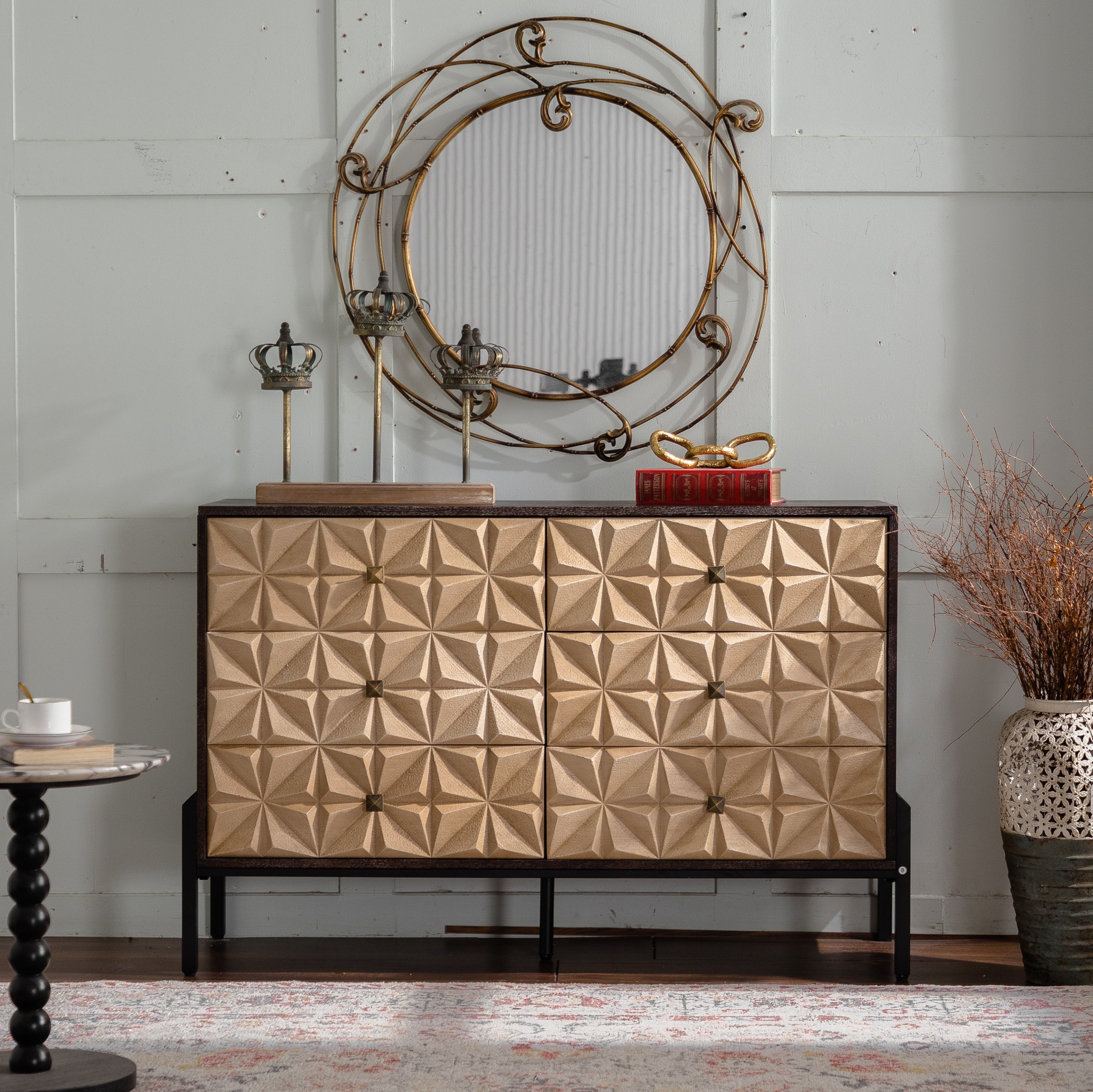 Solid Wood Sideboard with Geometric Pattern, 6 Drawers Dresser,Mid Century Modern Sideboard Cabinet for Kitchen, Dining Room, Living Room Sideboard