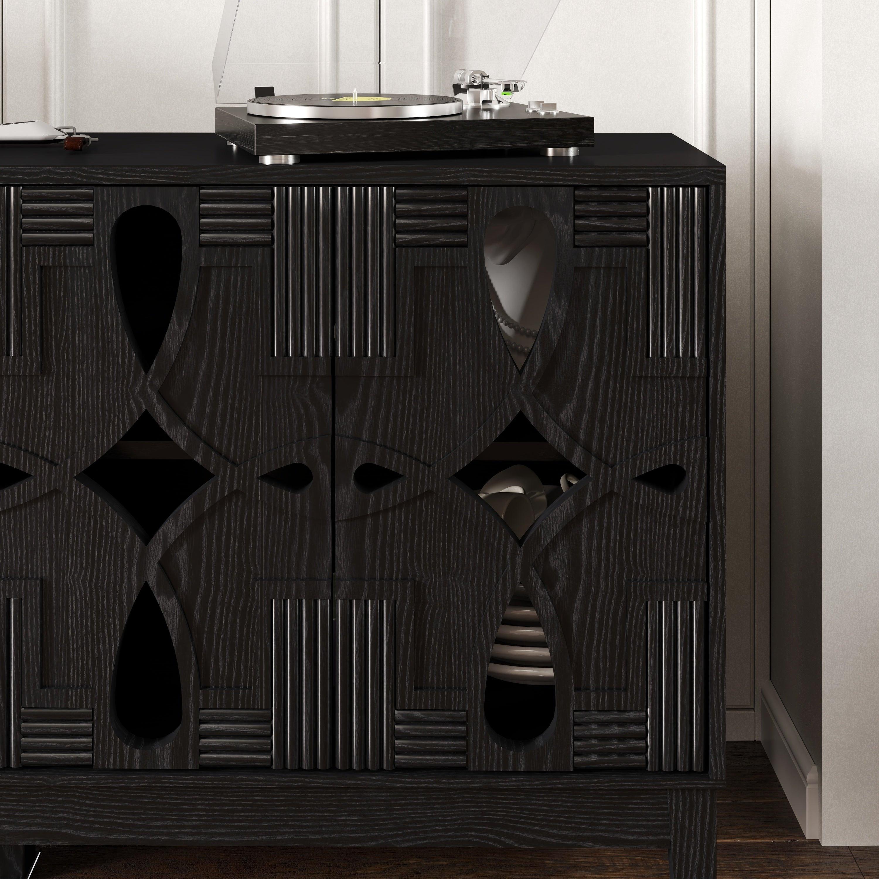 Mid Century Modern Solid Wood Sideboard Cabinet, Black.