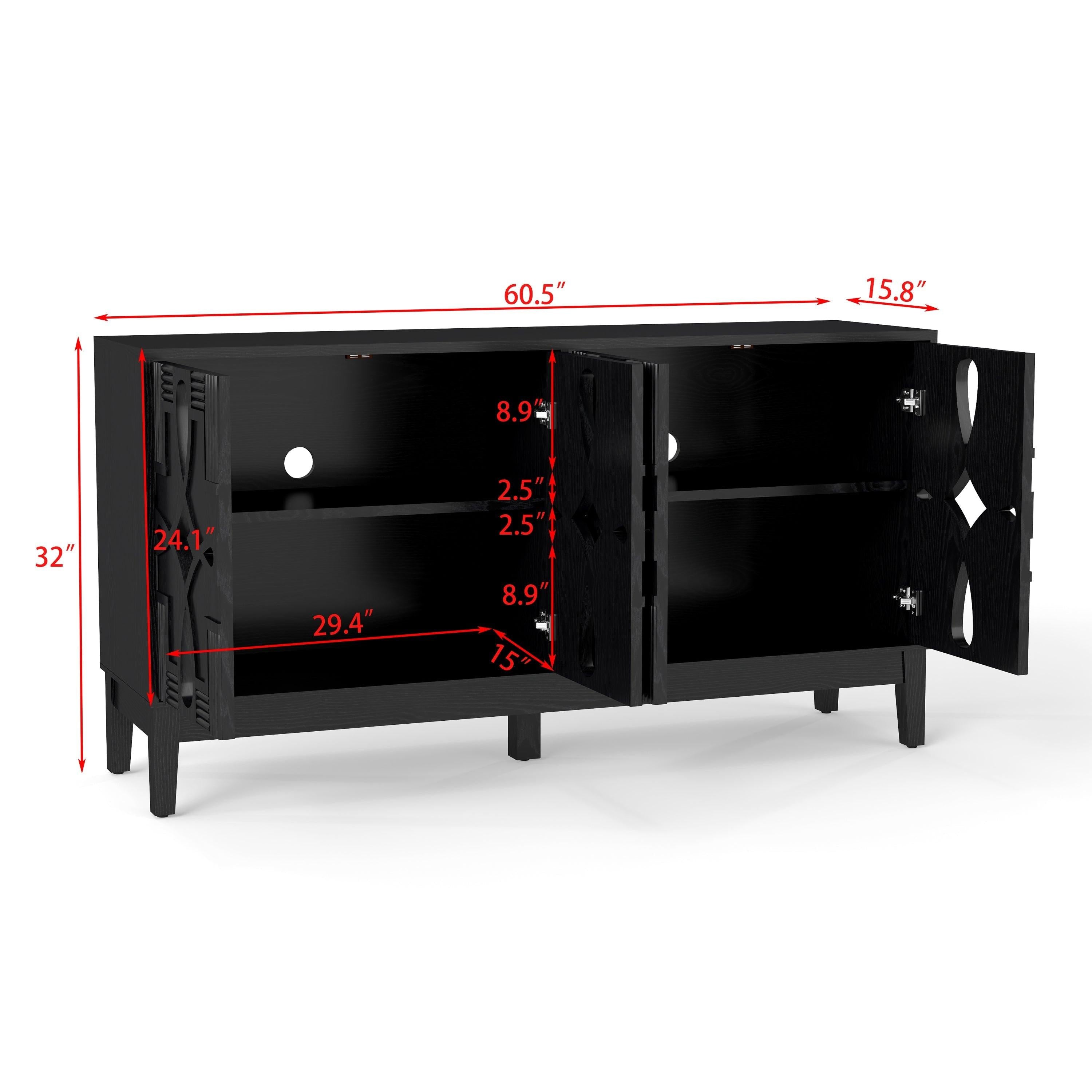 Mid Century Modern Solid Wood Sideboard Cabinet, Black.