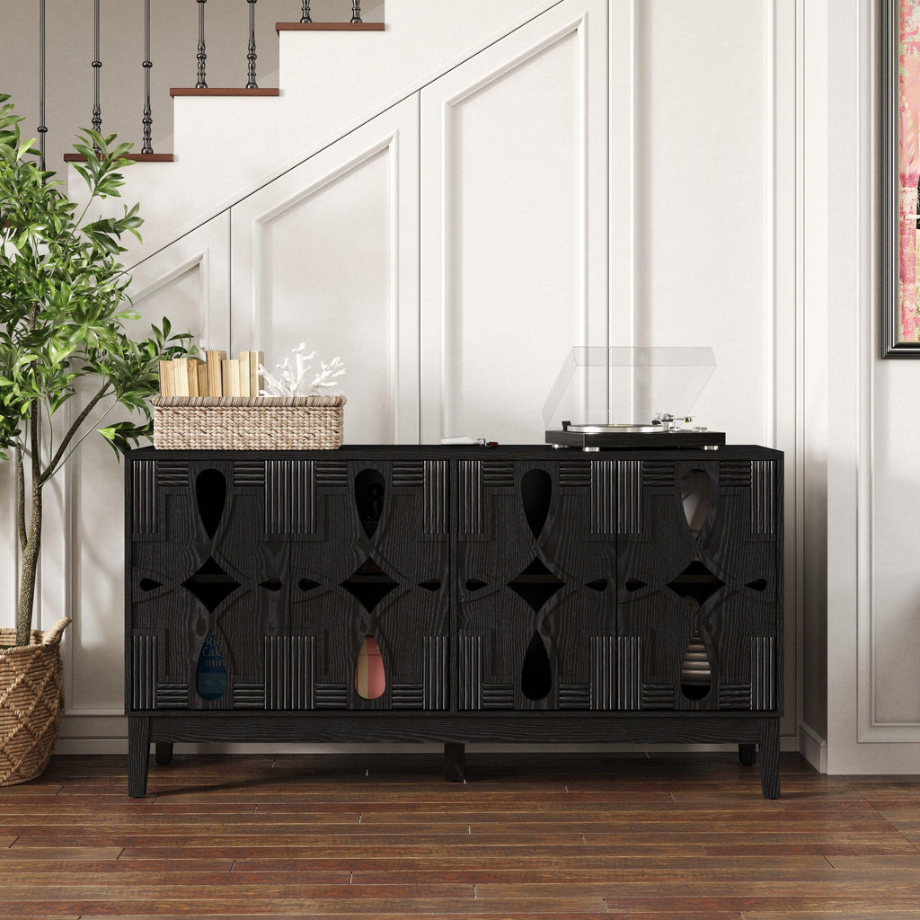 Mid Century Modern Solid Wood Sideboard Cabinet, Black.