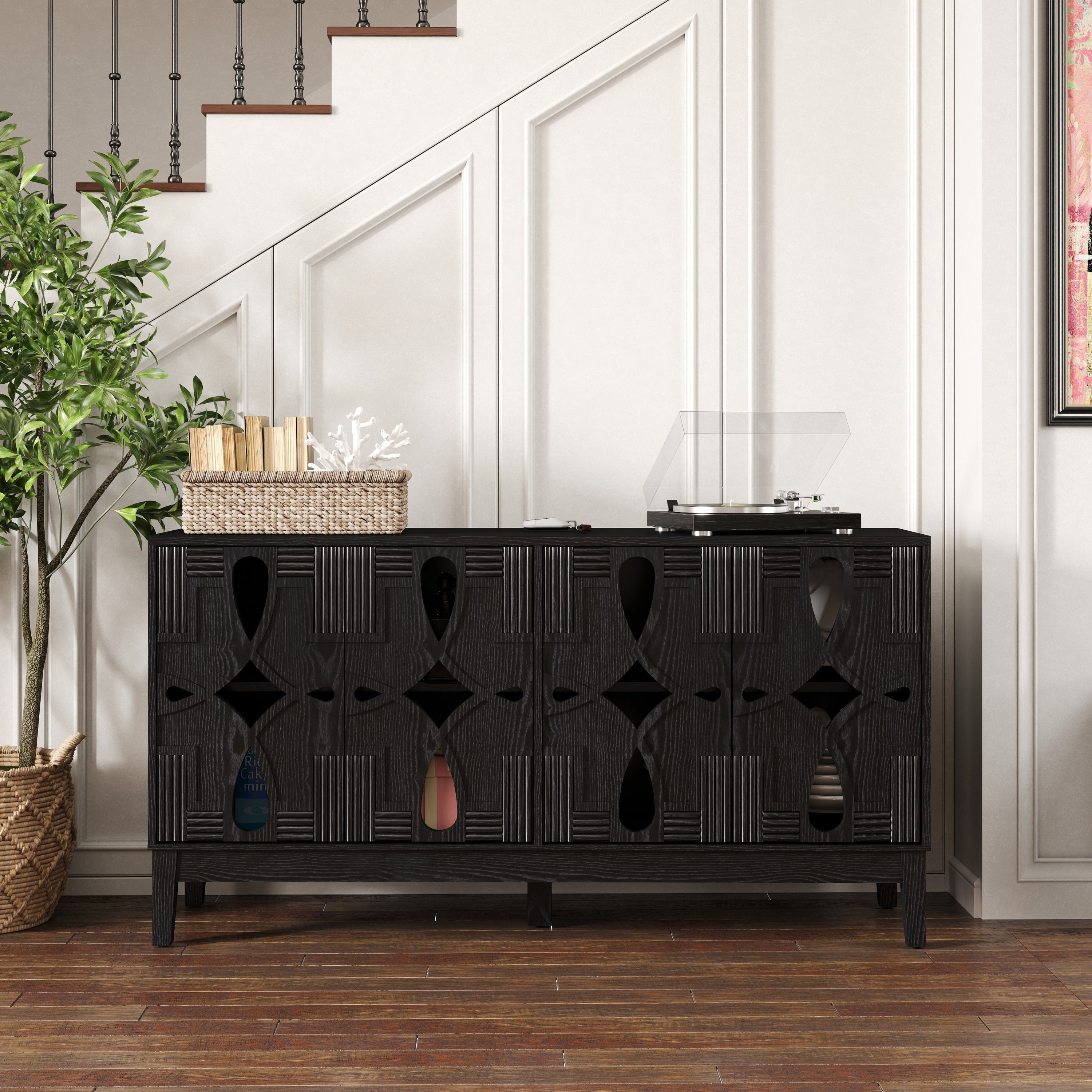60.5' Mid Century Modern Sideboard Buffet Cabinet with Storage, TV Media Console Table, Storage Cabinet with 4 Doors & Adjustable Shelves for Kitchen Dining Living Room Entryway, Black