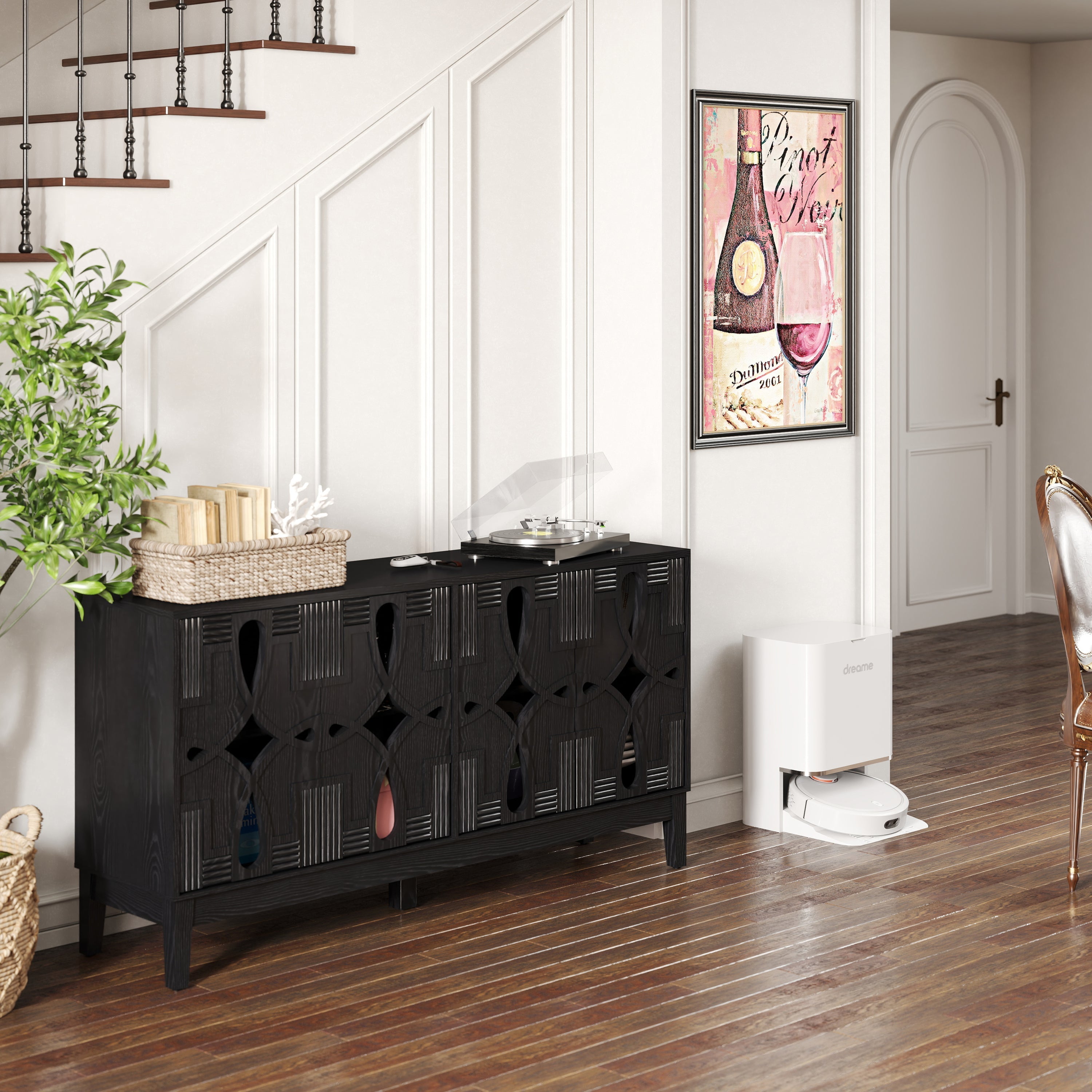 60.5' Mid Century Modern Sideboard Buffet Cabinet with Storage, TV Media Console Table, Storage Cabinet with 4 Doors & Adjustable Shelves for Kitchen Dining Living Room Entryway, Black