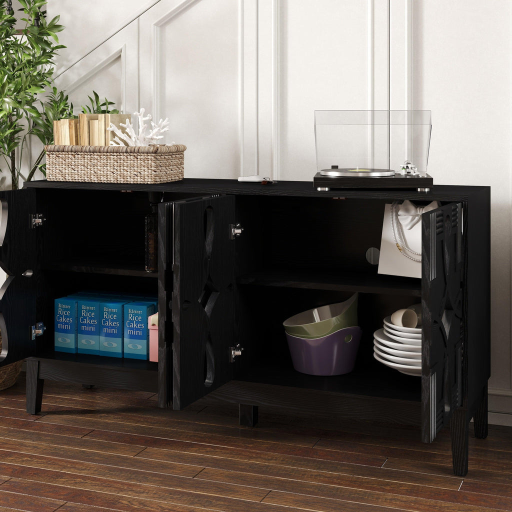 Mid Century Modern Solid Wood Sideboard Cabinet, Black.