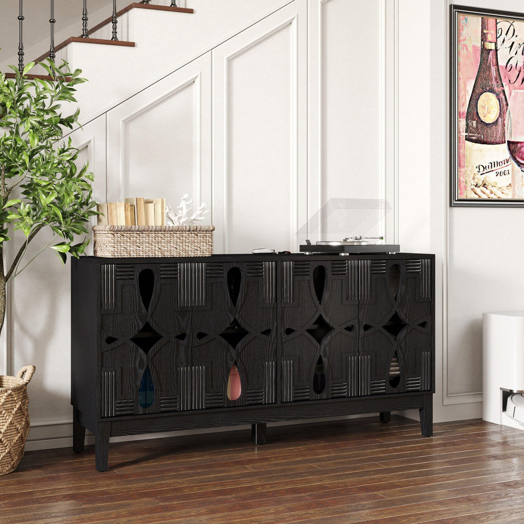 Mid Century Modern Solid Wood Sideboard Cabinet, Black.