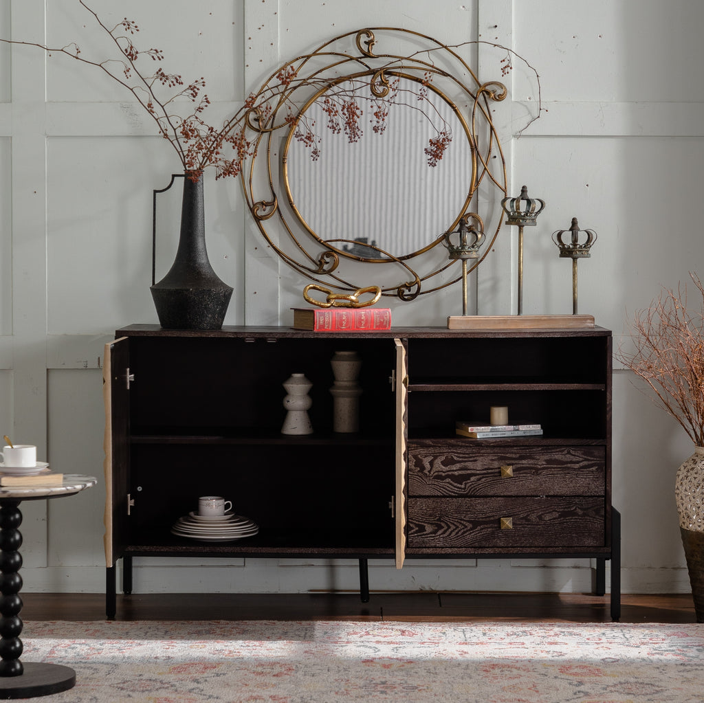 Solid Wood Sideboard with Geometric Pattern, 2 Doors and 2 Drawers,Mid Century Modern Sideboard Cabinet for Kitchen, Dining Room, Living Room Sideboard