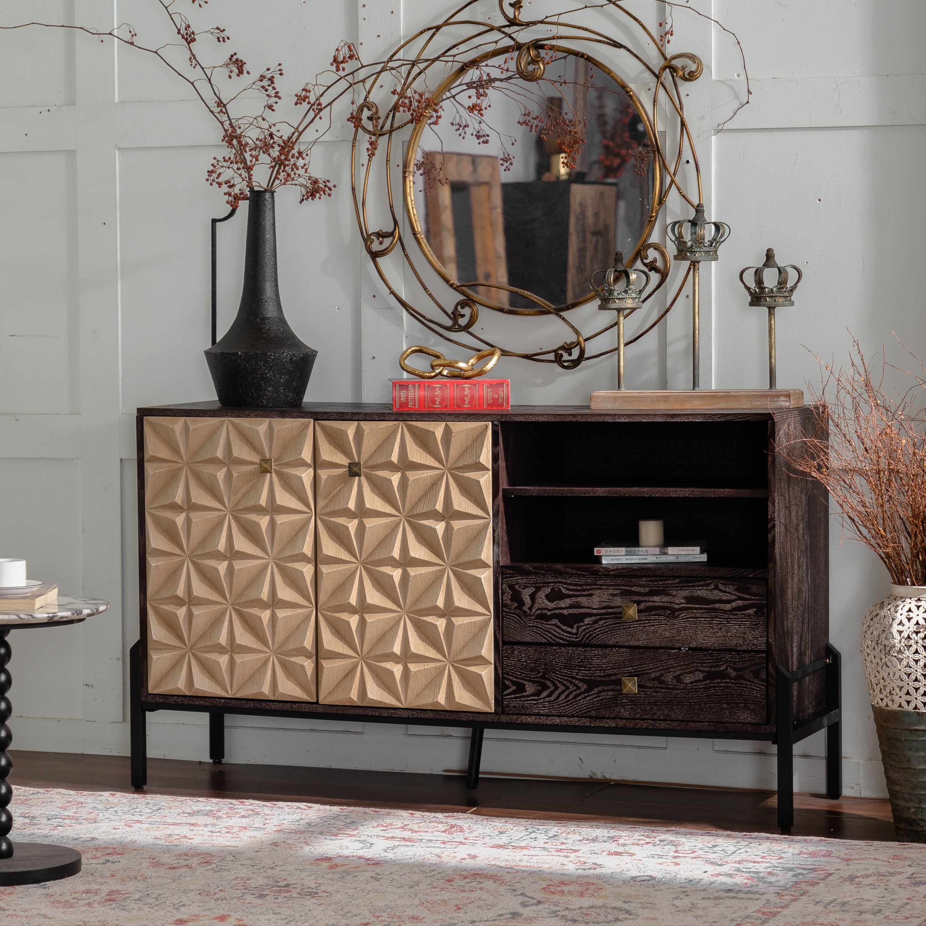 Solid Wood Sideboard with Geometric Pattern, 2 Doors and 2 Drawers,Mid Century Modern Sideboard Cabinet for Kitchen, Dining Room, Living Room Sideboard