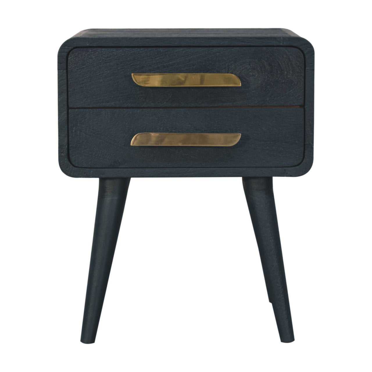Black nightstand with two drawers and brass handles on a white background