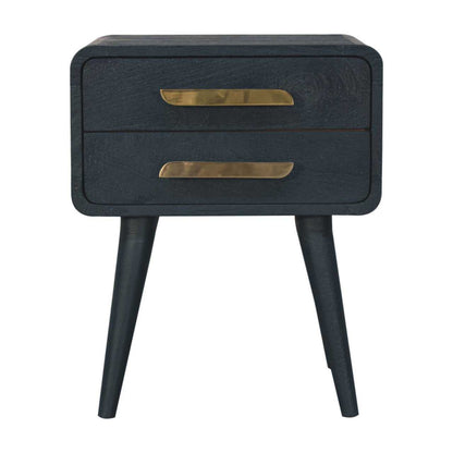 Black nightstand with two drawers and brass handles on a white background