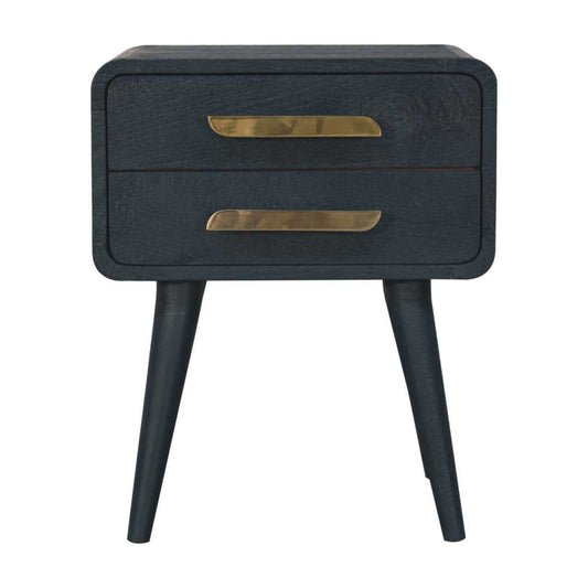 Black nightstand with two drawers and brass handles on a white background