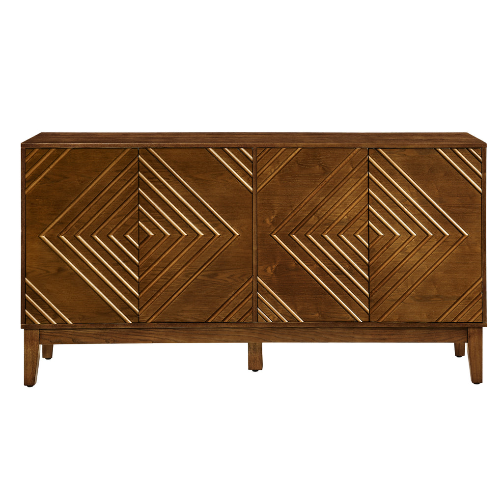 60.5'' Buffet Cabinet with Storage, Farmhouse Fluted Sideboard with Geometric Pattern & Adjustable Shelves, Mid Century Modern TV Stand for Living Room Kitchen Dining Room Entryway, Walnut - Groovy Boardz