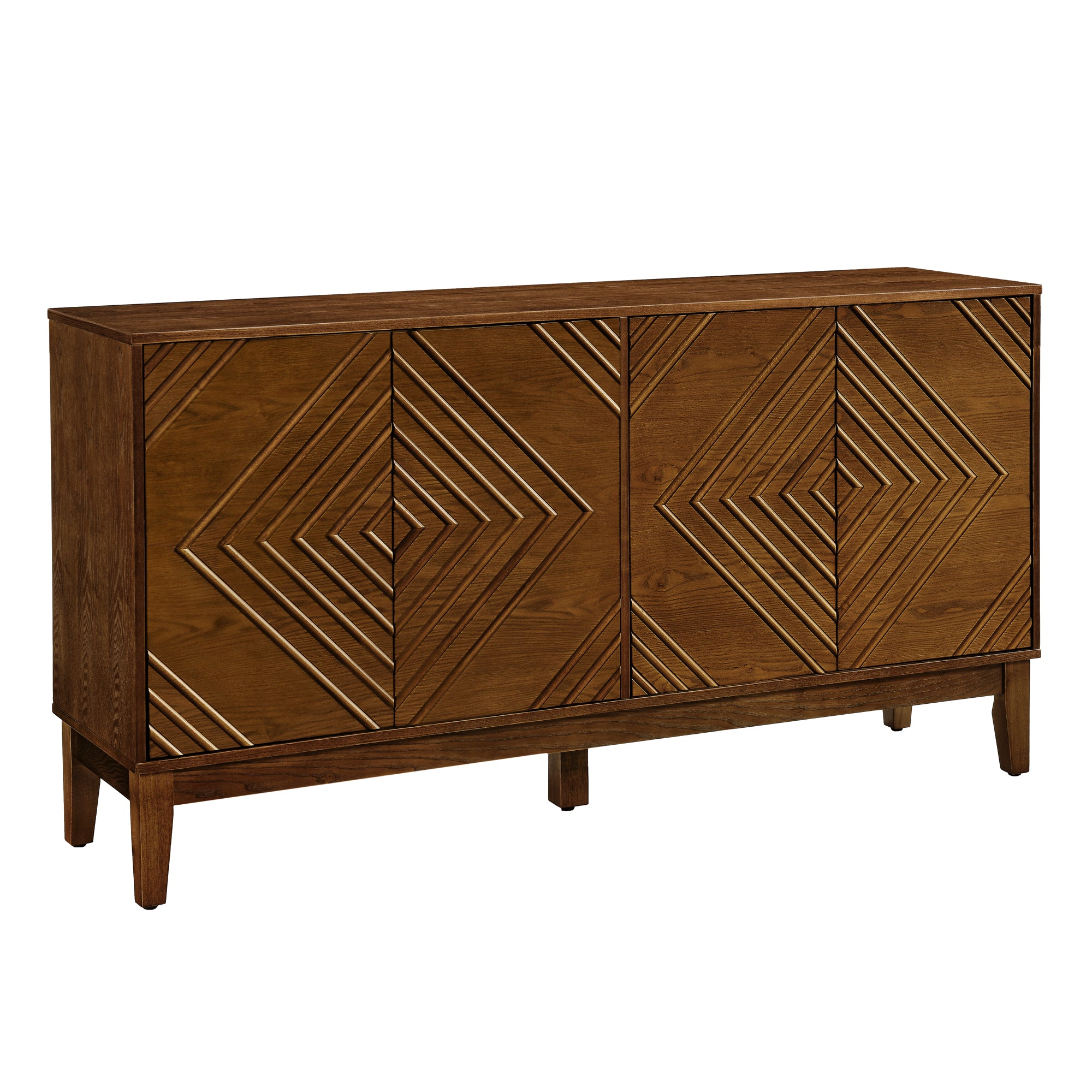 60.5'' Buffet Cabinet with Storage, Farmhouse Fluted Sideboard with Geometric Pattern & Adjustable Shelves, Mid Century Modern TV Stand for Living Room Kitchen Dining Room Entryway, Walnut - Groovy Boardz