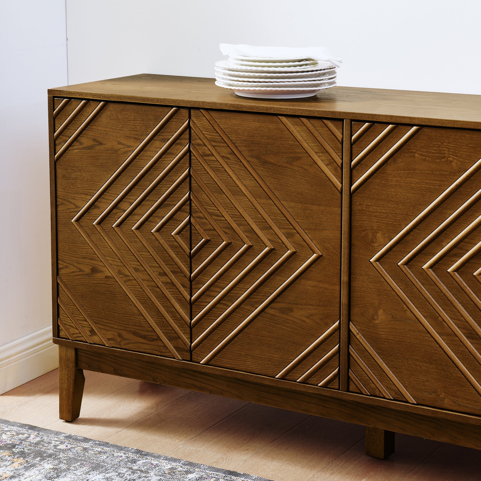 60.5'' Buffet Cabinet with Storage, Farmhouse Fluted Sideboard with Geometric Pattern & Adjustable Shelves, Mid Century Modern TV Stand for Living Room Kitchen Dining Room Entryway, Walnut - Groovy Boardz