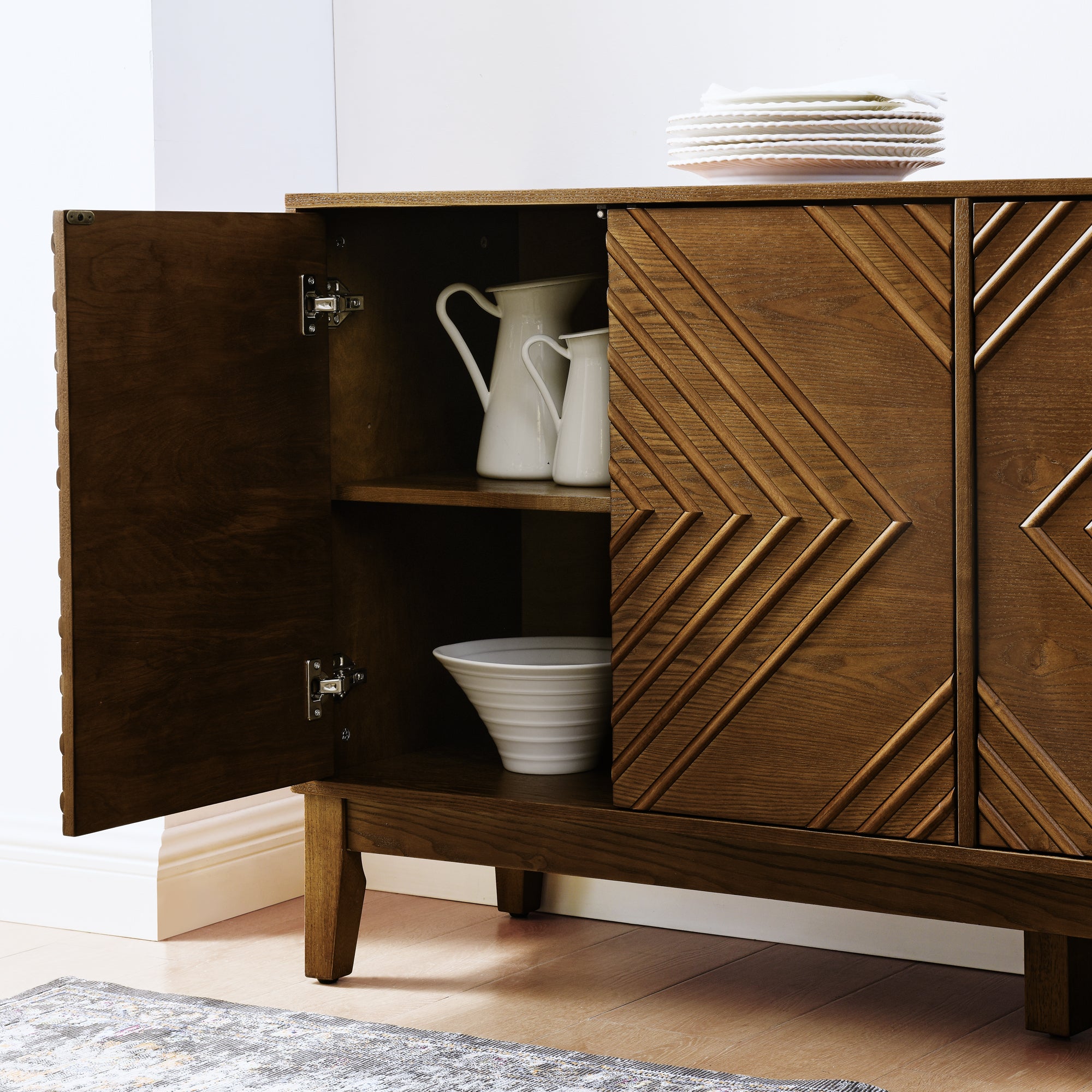 60.5'' Buffet Cabinet with Storage, Farmhouse Fluted Sideboard with Geometric Pattern & Adjustable Shelves, Mid Century Modern TV Stand for Living Room Kitchen Dining Room Entryway, Walnut - Groovy Boardz