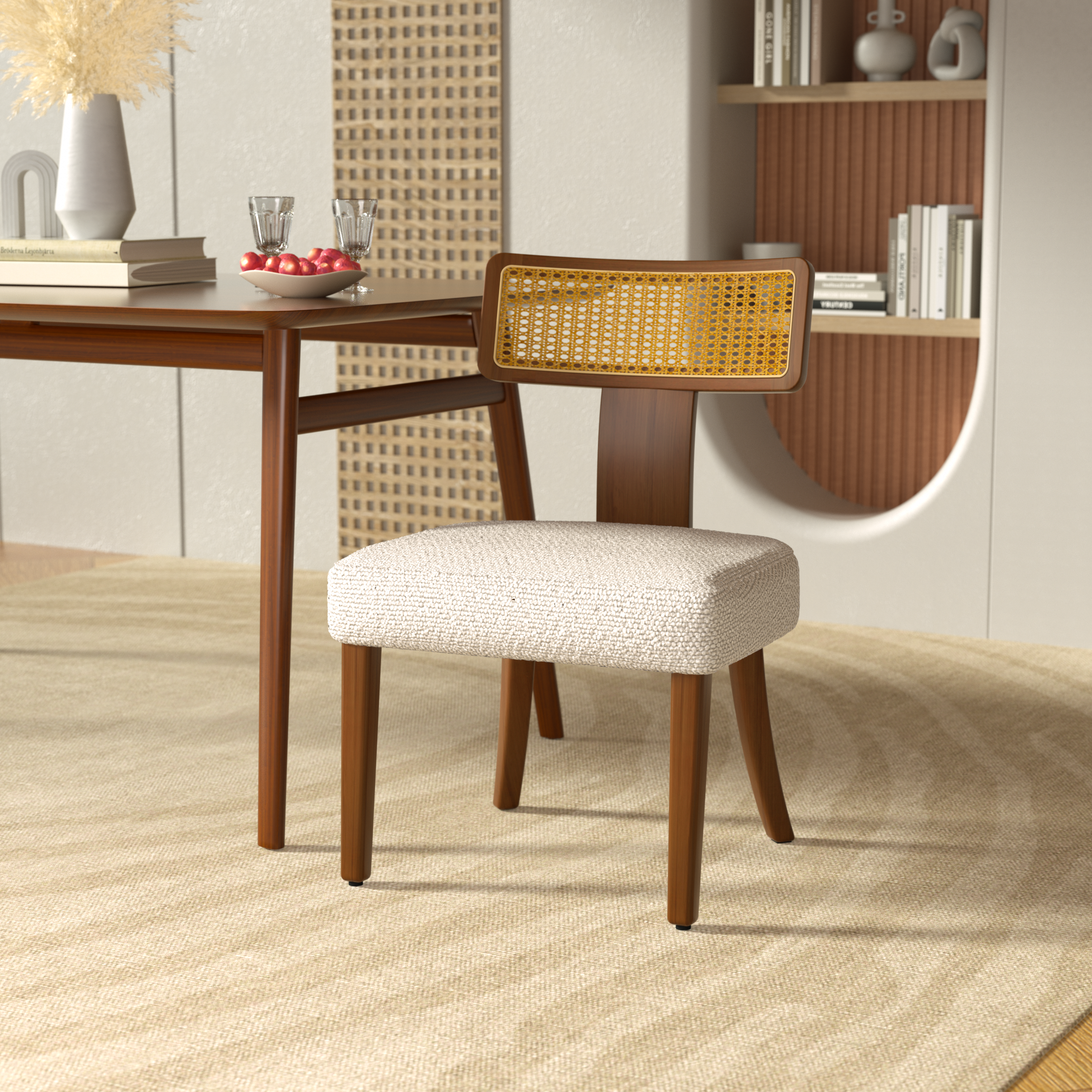 Mid Century Modern Dining Chairs Set of 2,Solid Wood and Rattan Net Back,Dining Room Chairs Accent Side Chairs for Dining Room,Walnut Frame and Beige Set Coushion