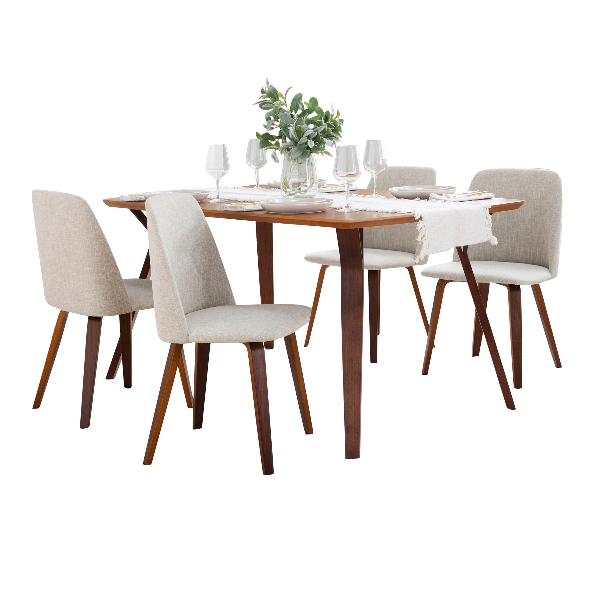 Folia-Toriano Mid-Century Modern Dining Set in Walnut Wood and Beige Fabric by LumiSource - 5 Piece
