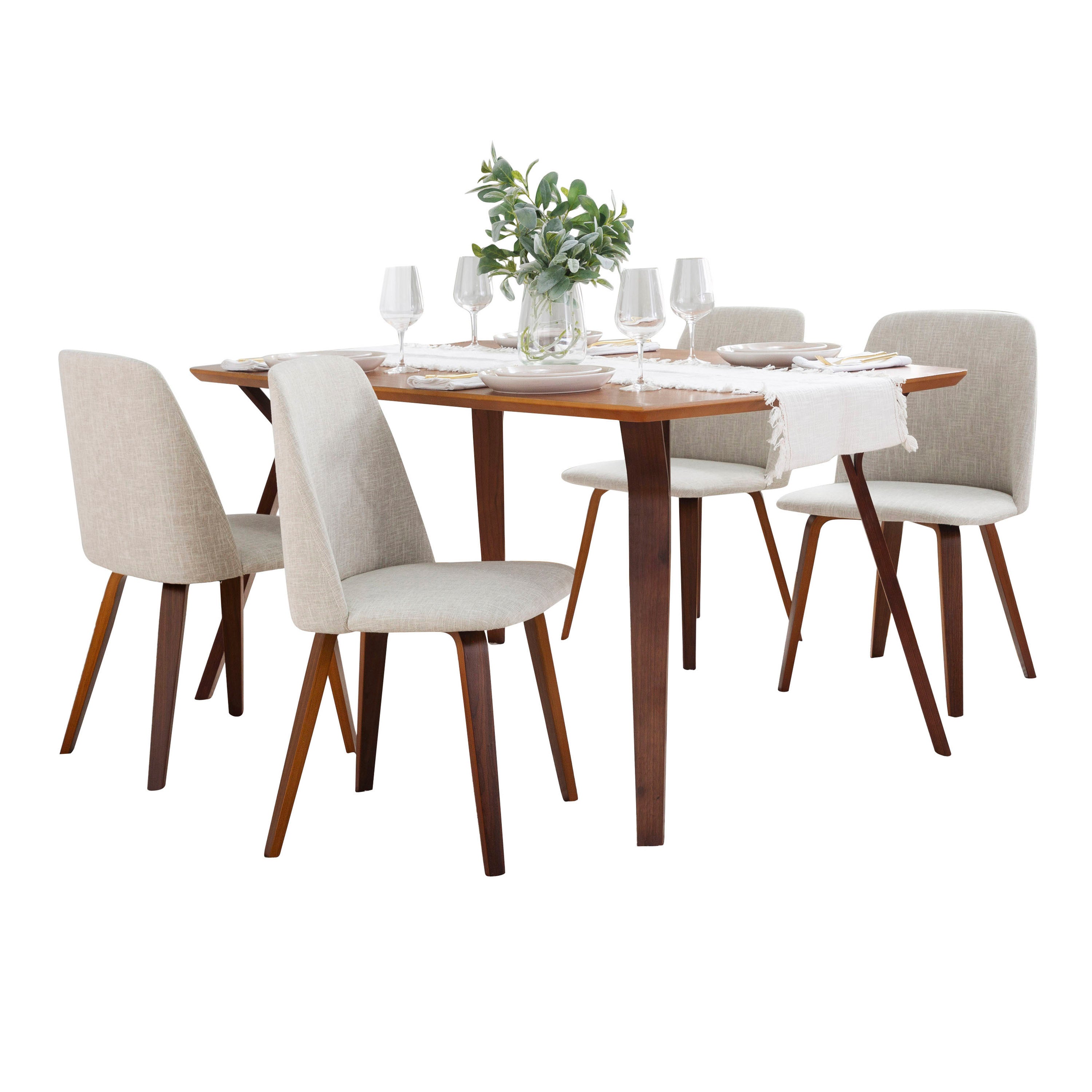 Folia-Toriano Mid-Century Modern Dining Set in Walnut Wood and Beige Fabric by LumiSource - 5 Piece