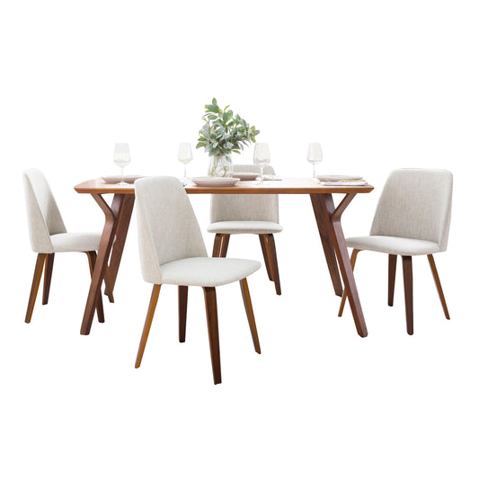 Folia-Toriano Mid-Century Modern Dining Set in Walnut Wood and Beige Fabric by LumiSource - 5 Piece