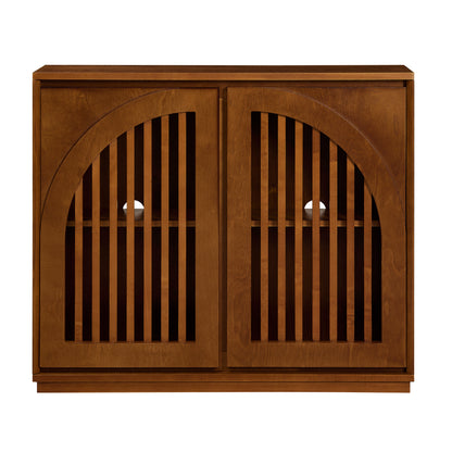 Mid Century Modern Fluted Sideboard Cabinet with 2 Outlet Holes, Buffet Cabinet with Storage, Narrow Side Cabinet for Living Room Entryway Hallway Kitchen Coffee Bar, Walnut