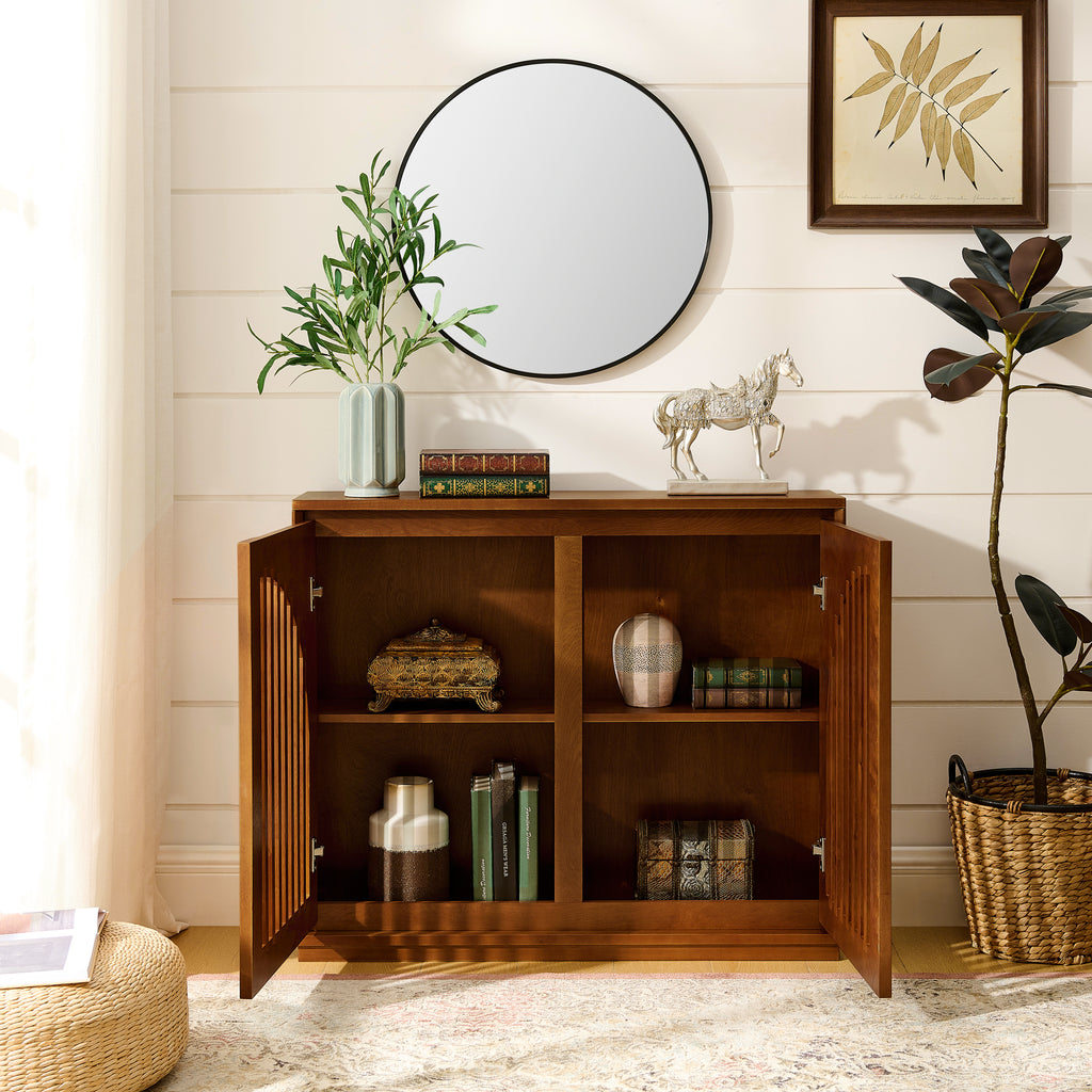 Mid Century Modern Fluted Sideboard Cabinet with 2 Outlet Holes, Buffet Cabinet with Storage, Narrow Side Cabinet for Living Room Entryway Hallway Kitchen Coffee Bar, Walnut