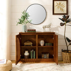 Mid Century Modern Fluted Sideboard Cabinet with 2 Outlet Holes, Buffet Cabinet with Storage, Narrow Side Cabinet for Living Room Entryway Hallway Kitchen Coffee Bar, Walnut