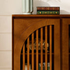 Mid Century Modern Fluted Sideboard Cabinet with 2 Outlet Holes, Buffet Cabinet with Storage, Narrow Side Cabinet for Living Room Entryway Hallway Kitchen Coffee Bar, Walnut