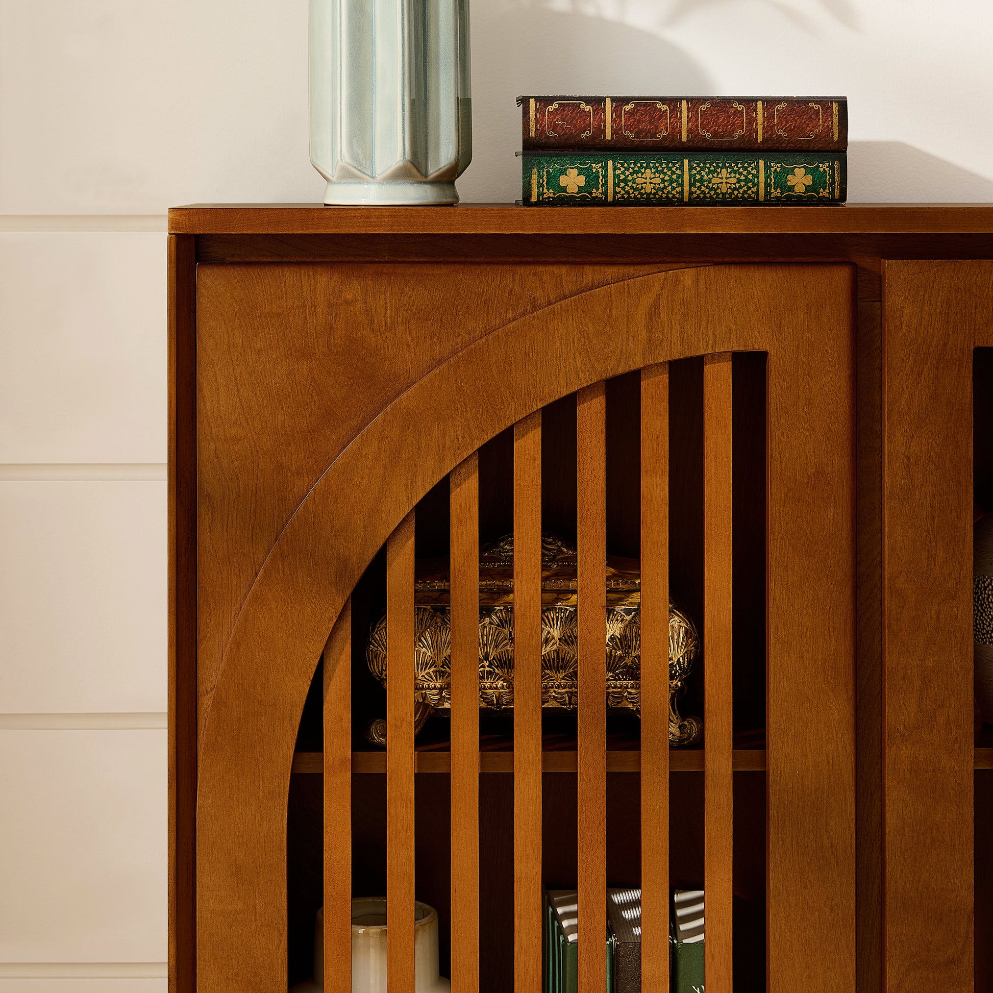 Mid Century Modern Fluted Sideboard Cabinet with 2 Outlet Holes, Buffet Cabinet with Storage, Narrow Side Cabinet for Living Room Entryway Hallway Kitchen Coffee Bar, Walnut