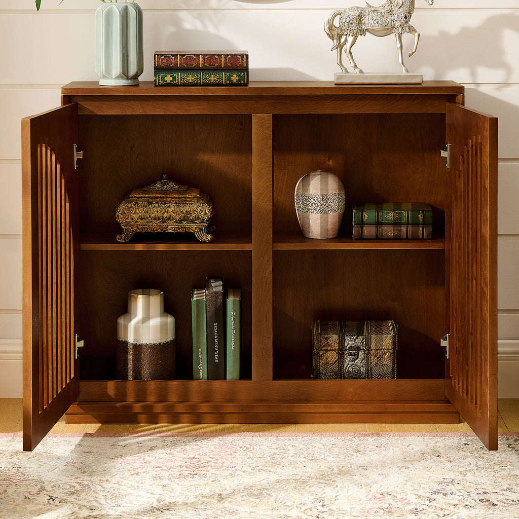 Mid Century Modern Fluted Sideboard Cabinet with 2 Outlet Holes, Buffet Cabinet with Storage, Narrow Side Cabinet for Living Room Entryway Hallway Kitchen Coffee Bar, Walnut