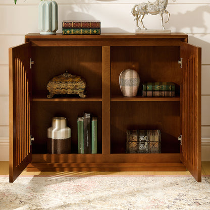 Mid Century Modern Fluted Sideboard Cabinet with 2 Outlet Holes, Buffet Cabinet with Storage, Narrow Side Cabinet for Living Room Entryway Hallway Kitchen Coffee Bar, Walnut