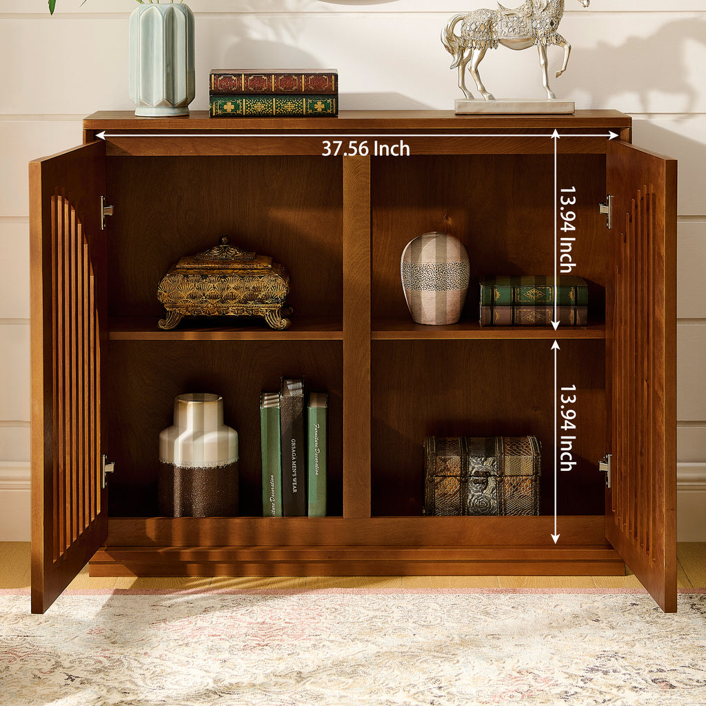 Mid Century Modern Fluted Sideboard Cabinet with 2 Outlet Holes, Buffet Cabinet with Storage, Narrow Side Cabinet for Living Room Entryway Hallway Kitchen Coffee Bar, Walnut