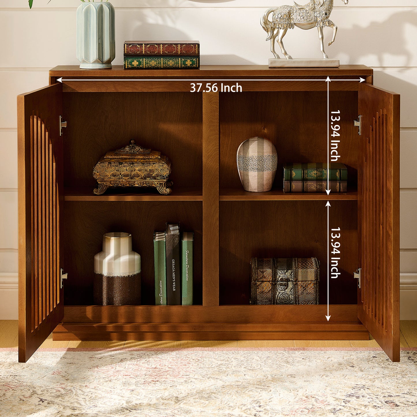 Mid Century Modern Fluted Sideboard Cabinet with 2 Outlet Holes, Buffet Cabinet with Storage, Narrow Side Cabinet for Living Room Entryway Hallway Kitchen Coffee Bar, Walnut