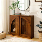 Mid Century Modern Fluted Sideboard Cabinet with 2 Outlet Holes, Buffet Cabinet with Storage, Narrow Side Cabinet for Living Room Entryway Hallway Kitchen Coffee Bar, Walnut