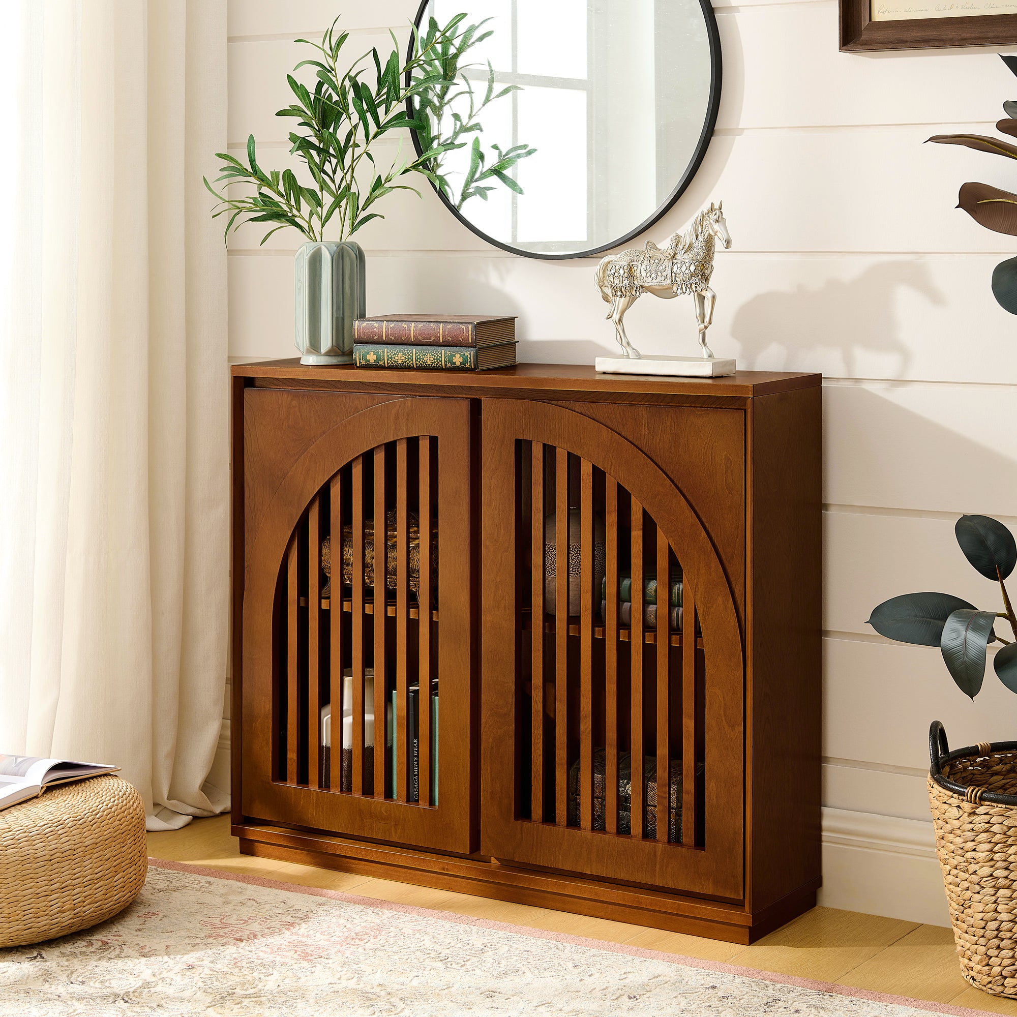 Mid Century Modern Fluted Sideboard Cabinet with 2 Outlet Holes, Buffet Cabinet with Storage, Narrow Side Cabinet for Living Room Entryway Hallway Kitchen Coffee Bar, Walnut