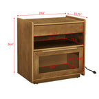 Mid Century Modern Nightstand with Charging Station & Outlet Hole & 2 Drawers, Farmhouse End Table with Open Shelf & Glass Drawer Dresser, Side Cabinet for Living Room Reception Room Dorm-Light Walnut