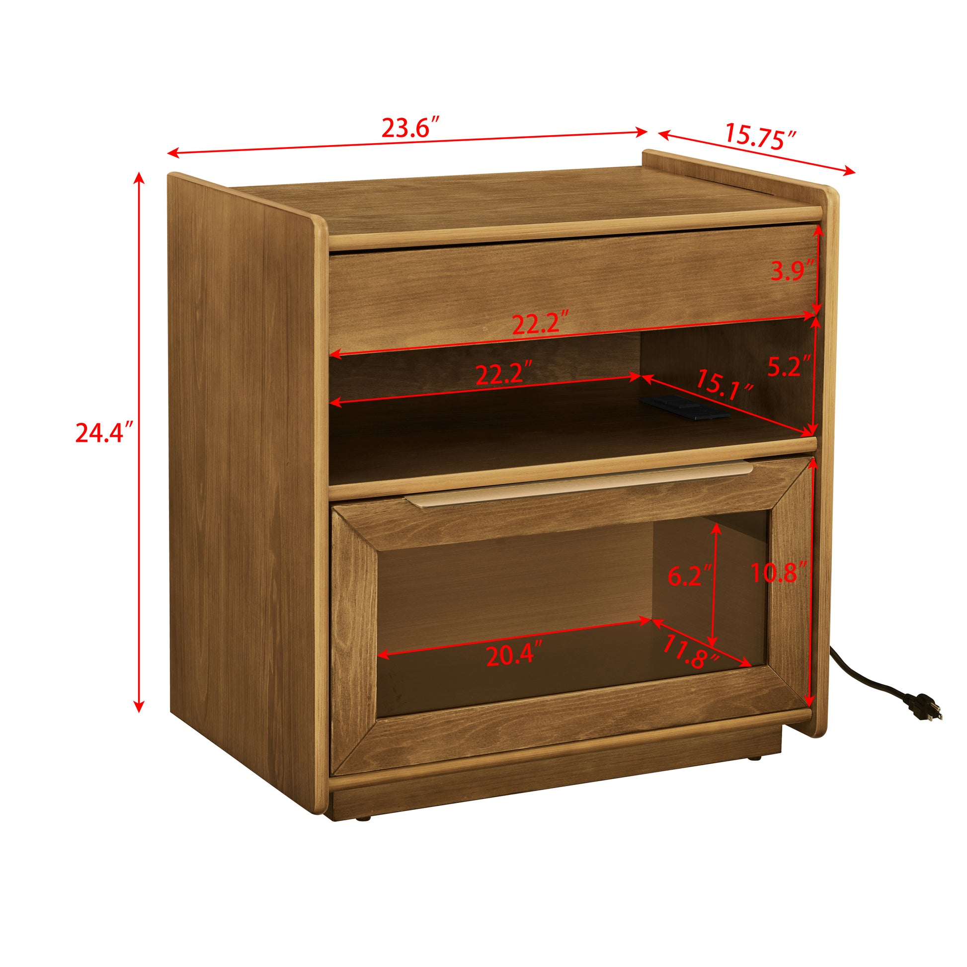 Mid Century Modern Nightstand with Charging Station & Outlet Hole & 2 Drawers, Farmhouse End Table with Open Shelf & Glass Drawer Dresser, Side Cabinet for Living Room Reception Room Dorm-Light Walnut
